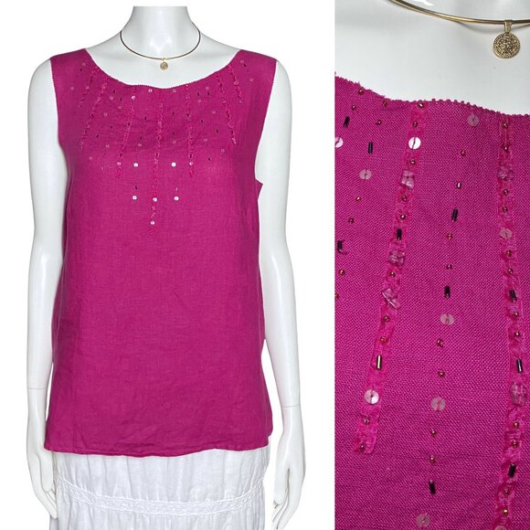 Vintage Y2K 100% Linen Magenta Beaded Susan Bristol Tank Top Medium Beachy Boho - Picture 1 of 9